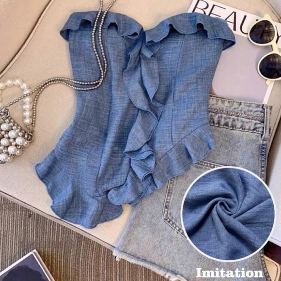 SHEIN Blue Ruffled Crop Top - Picture 1 of 6